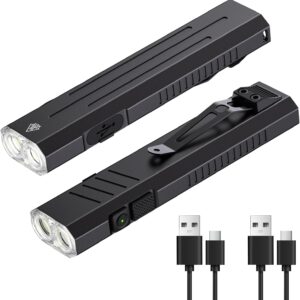 2pack Rechargeable EDC Flashlight - Emergency One Click Strobe Mode, 1600 High Lumens Portable Pocket light Mini Flashlight , Magnetic Small EDC Slim Flat Flashlight for Working Camping Repairing