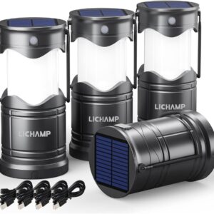 Lichamp 4-Pack Solar Camping Lantern, USB Rechargeable LED Lanterns Battery Powered Pop Up Flashlight Lamps with Three Modes Power for Power Outages Hurricane Supplies Emergency Indoor & Outdoor
