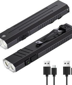 2pack Rechargeable EDC Flashlight – Emergency One Click Strobe Mode, 1600 High Lumens Portable Pocket light Mini Flashlight , Magnetic Small EDC Slim Flat Flashlight for Working Camping Repairing