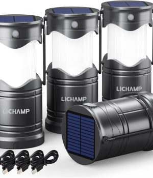 Lichamp 4-Pack Solar Camping Lantern, USB Rechargeable LED Lanterns Battery Powered Pop Up Flashlight Lamps with Three Modes Power for Power Outages Hurricane Supplies Emergency Indoor & Outdoor